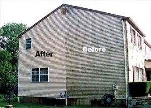Before and after photo of home siding, that has been pressure washed